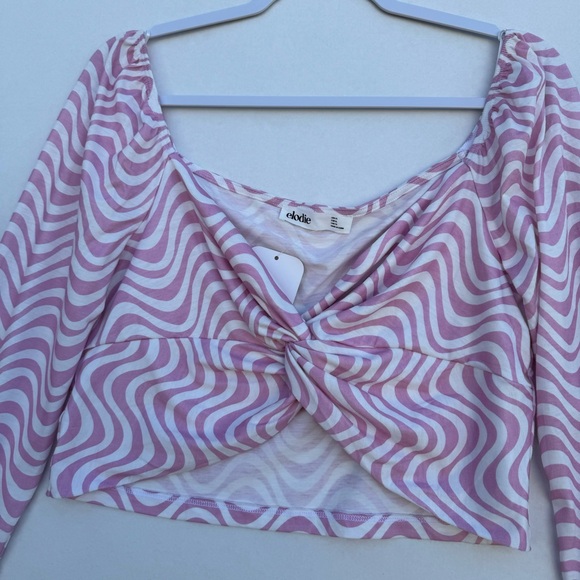 Elodie Abstract Warped Print Long Sleeve Crop Top Pink / White Women Size XL - Picture 2 of 13